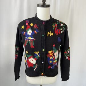 Vintage thyme Christmas Cardigan Embroidered Black Button Down Sweater Size Med